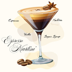 Espresso Martini Cocktail Flat design. Summer Cocktail Drink Vector Illustration