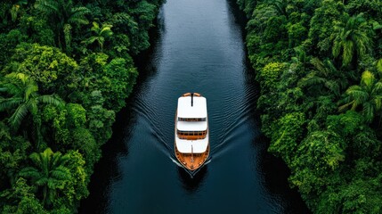 A serene boat glides through a lush, green canal, surrounded by dense vegetation, showcasing nature's beauty and tranquility.