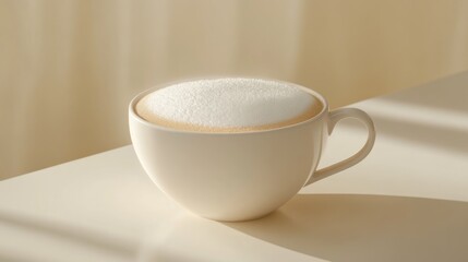 Creamy latte art in a simple white cup on a soft surface during morning light