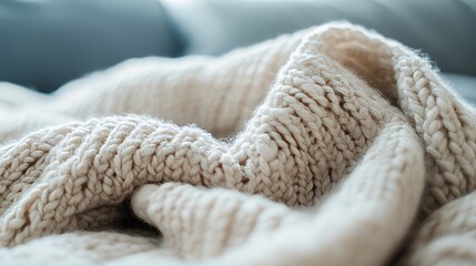 Cozy knitted blanket draped softly on a couch in a well-lit living room during a warm afternoon