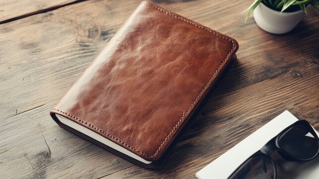 Leather notebook rests on a wooden desk beside sunglasses and a small plant in a modern workspace