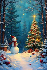 Fototapeta premium Ai pupazzo di neve e l'albero di Natale 03