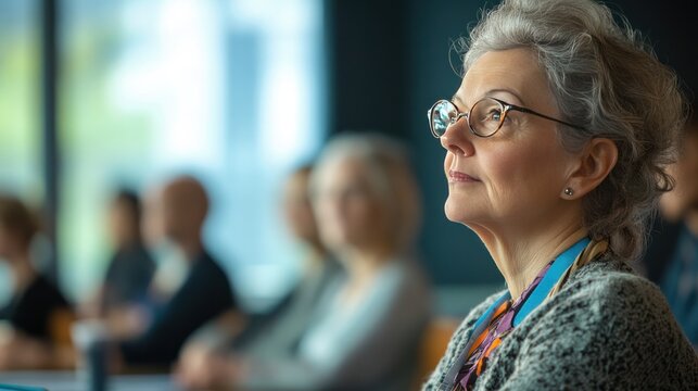 A senior woman learns advanced techniques for data privacy during a cybersecurity seminar, helping protect mobile devices and online accounts.
