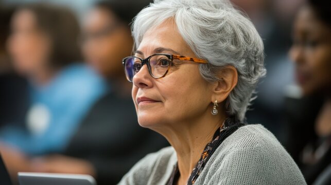 A senior woman learns advanced techniques for data privacy during a cybersecurity seminar, helping protect mobile devices and online accounts.