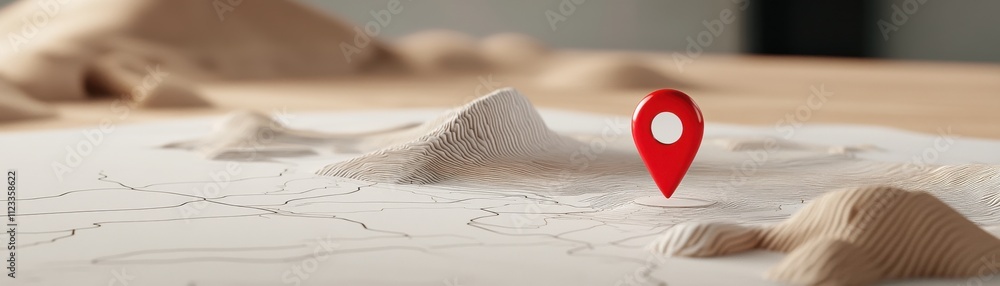Poster a close-up of a topographic model featuring mountains and a prominent red location pin, indicating a