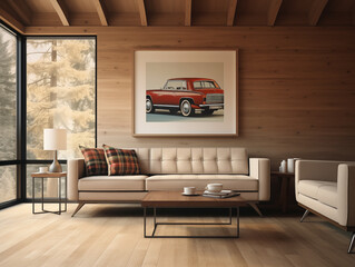 Midcentury modern style living room with neutral plaid couch and statement wall art. Mid mod living room interior. Plaid sofa.