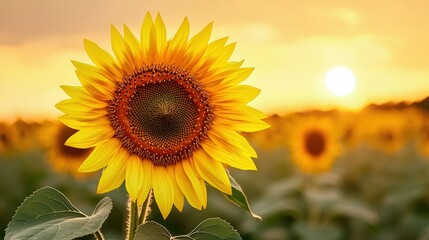 Obraz premium A vibrant sunflower stands tall against a golden sunset, surrounded by a field of sunflowers, capturing the beauty of nature.