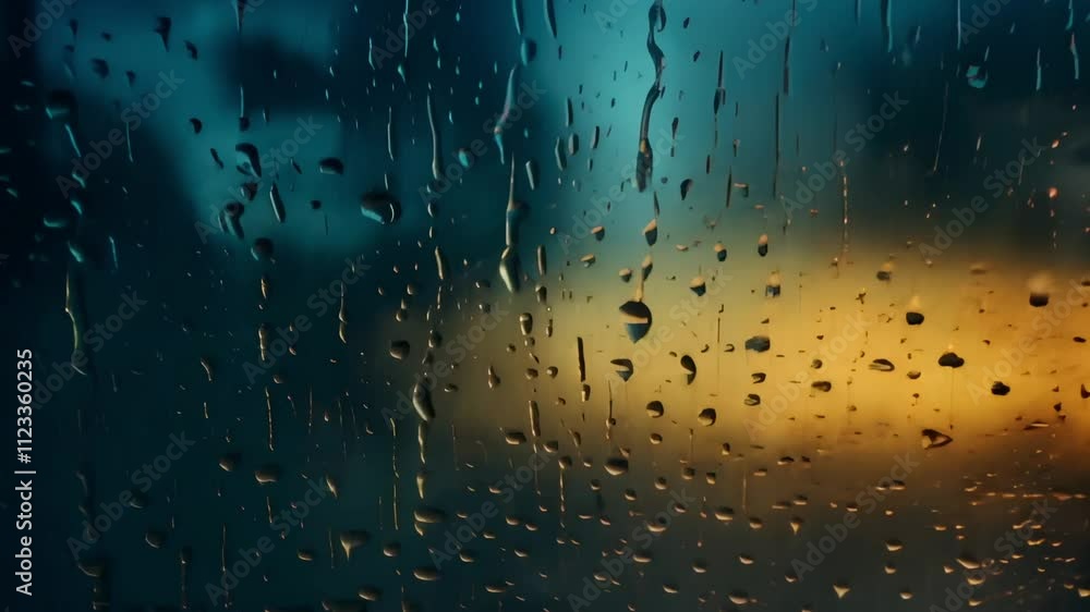 Poster raindrops flowing down a window glass during a rainy night, reflecting the warm yellow and orange ci
