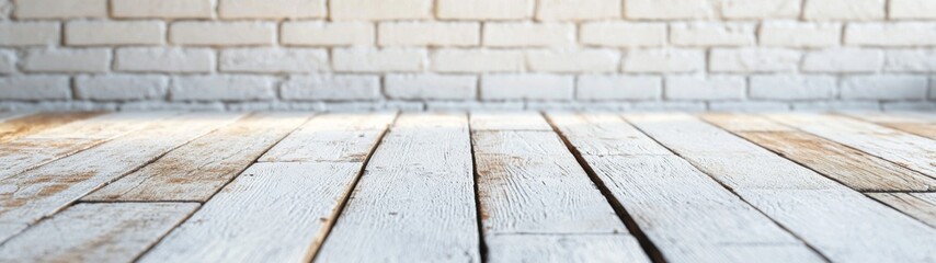 Fototapeta premium Clean white brick wall with wooden floor, minimalist design, inviting atmosphere, perfect for showcasing creativity, ideal for backgrounds or displays, spacious and uncluttered.