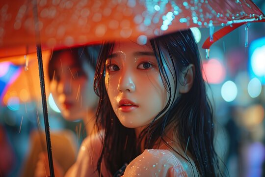 A young woman gazing thoughtfully under a vibrant umbrella in the rain.