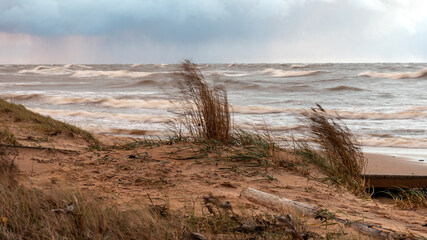 dramatic storm in the Baltic Sea, large waves crashing against the shore, blurred, unclear...
