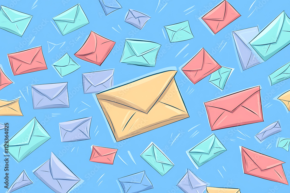 Poster a colorful array of envelopes floating against a blue background, symbolizing communication.
