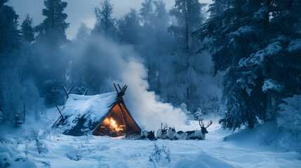 A group of huskies and reindeer resting in the snow near a cozy Sami tent with smoke rising from the chimney.