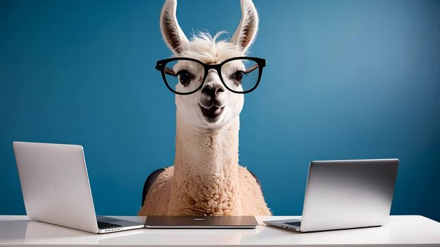 Funny Llama Wearing Glasses Sitting at a Desk with Two Laptops in a Professional Office Setting

