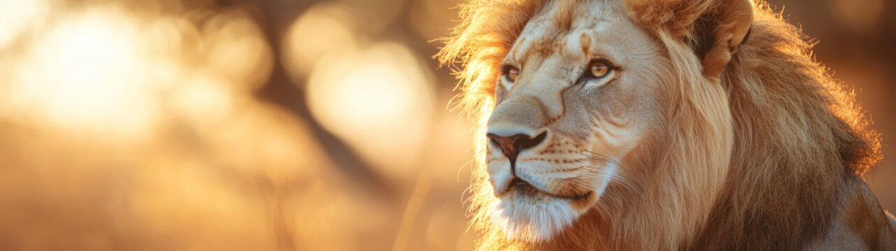 Majestic Lion Aslan, fierce gaze, soft fur texture, vibrant mane, surrounded by a dreamy blurred savannah landscape, embodying strength and regal presence.
