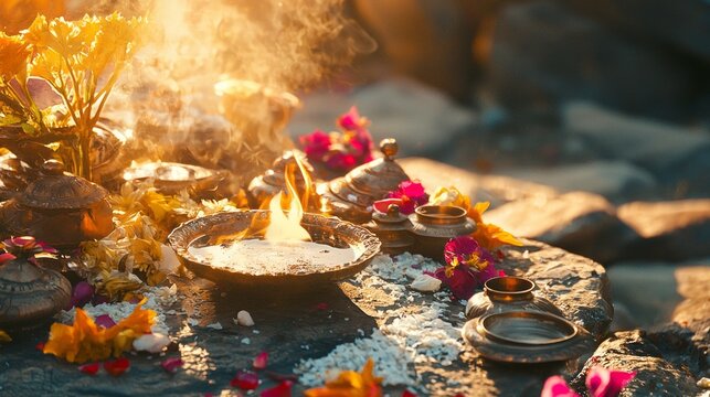 Traditional Hindu pooja takes place in a serene outdoor setting, featuring flames and vibrant floral decorations