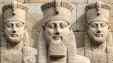 Obraz premium Ancient stone carvings of three regal figures, showcasing intricate details and historical significance, possibly depicting pharaohs or deities.