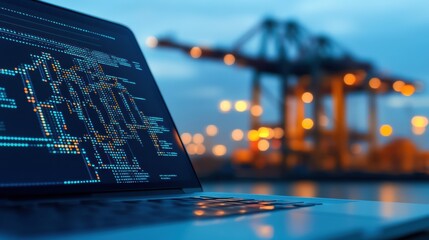 Advanced Logistics Software on Laptop at Industrial Port