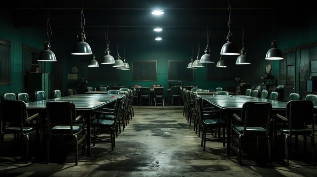 Empty meeting room with scattered budget papers and vacant chairs, symbolizing the aftermath of intense decision-making and strategic planning sessions.
