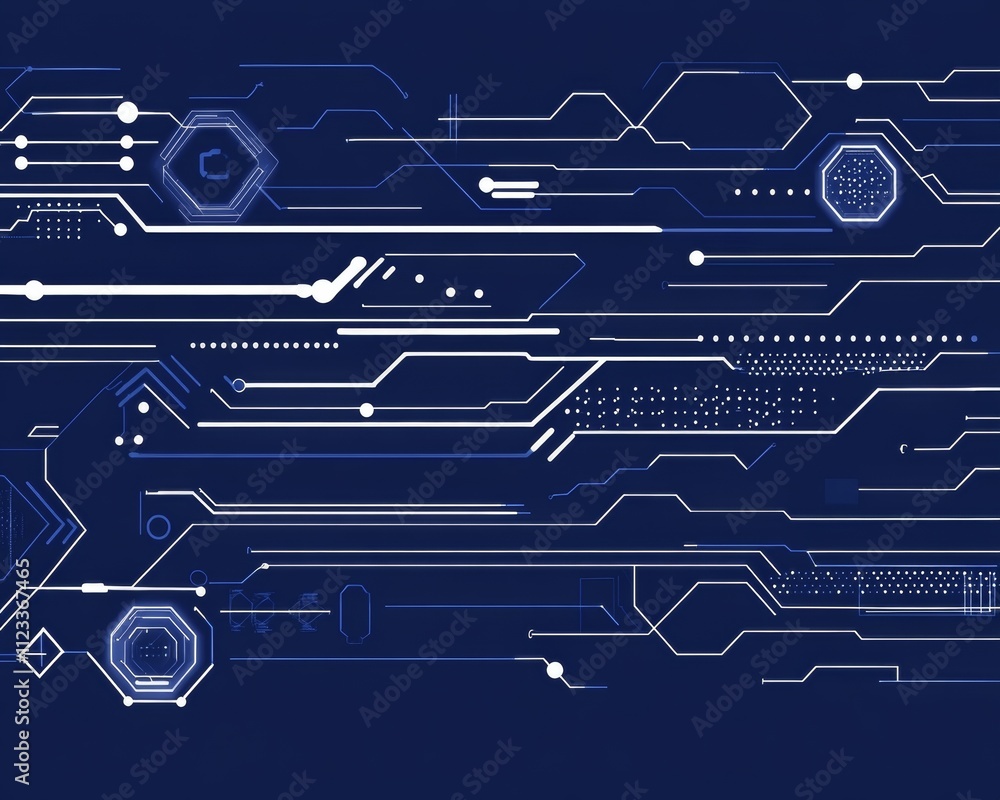 Poster modern blue technology background with digital lines and hexagons for web design and data flow
