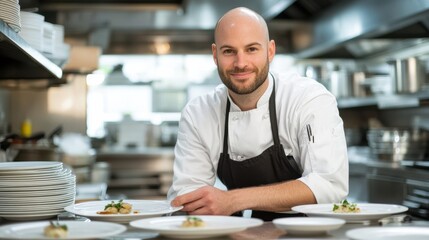 Obraz premium Professional Chef Prepares Gourmet Dishes in Modern Kitchen