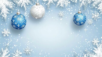 Sky blue christmas background with snowflakes and christmas balls, 4k Resolution