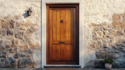 Fototapeta premium Traditional cheap front entrance door with wood, brown wooden style. ai generative 