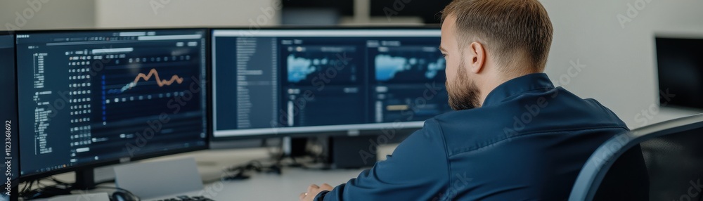 Poster a focused individual analyzes data on multiple screens in a modern workspace, showcasing financial c