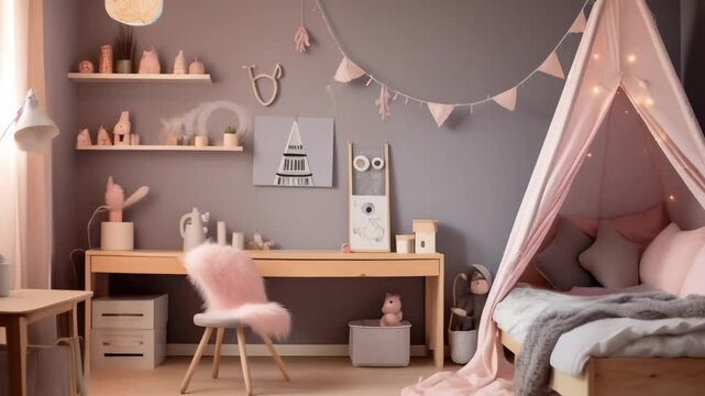Pink teepee tent glowing with fairy lights, creating a cozy scandinavian playroom. Featuring a wooden desk and chair adorned with faux fur, inviting comfort and style