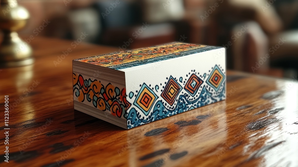 Poster a decorative box with colorful patterns on a wooden table.