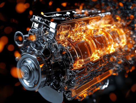3d v8 engine rendering with chrome and orange elements on abstract black background - Powered by Adobe