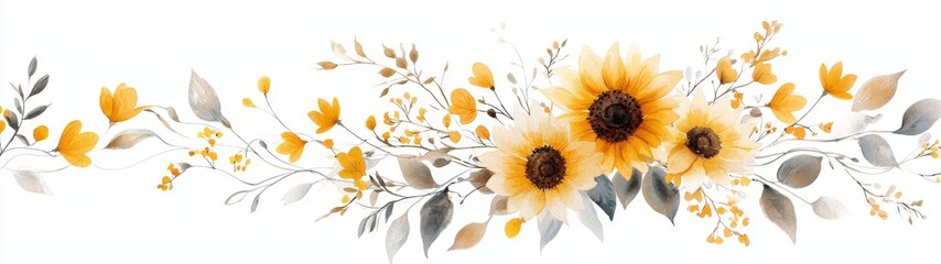 Vibrant watercolor sunflowers collection, bright yellow petals, detailed floral elements, cheerful wildflowers, perfect for summer-themed designs and artistic projects.