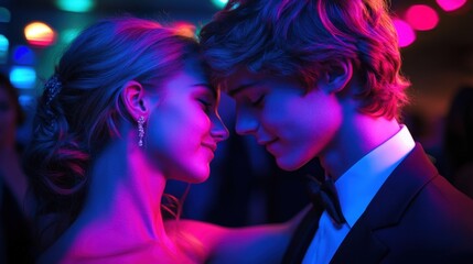 Couple in formal attire dancing, soft lighting illuminating their faces, enchanting prom night, emotional atmosphere, romantic connection