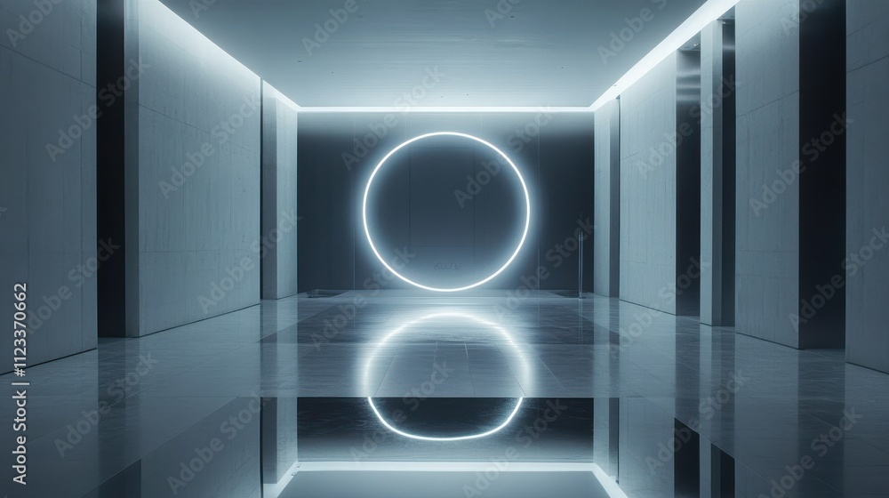 Poster futuristic empty hallway with circular light feature and reflection
