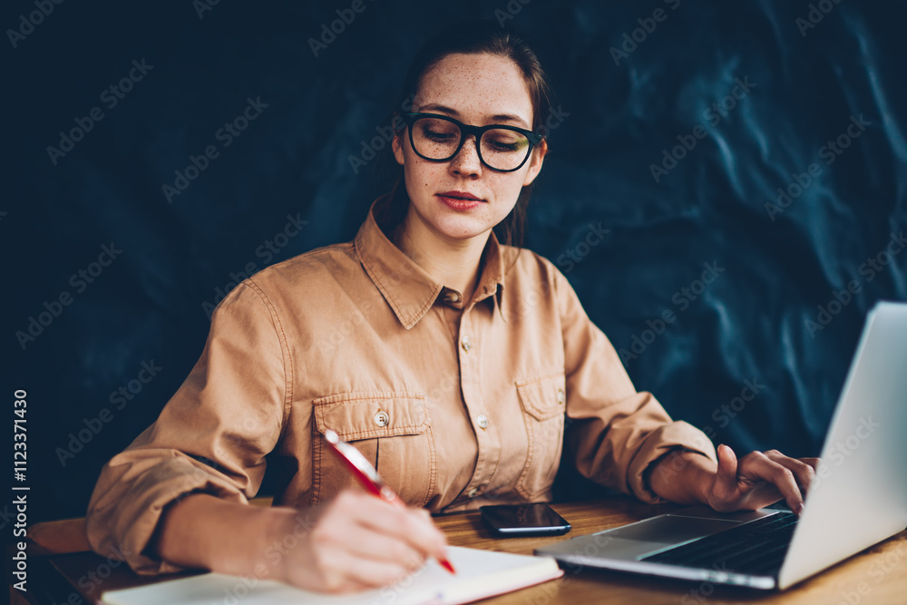 Poster pensive intelligent hipster blogger noting some idea in notepad for developing own web page on lapto