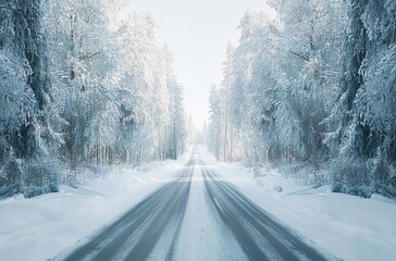 Beautiful winter landscape with a road in a snow-covered forest