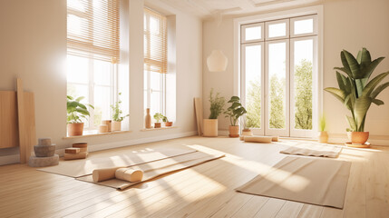 Fototapeta premium Bright Yoga Studio Interior Sunlight Mats Plants
