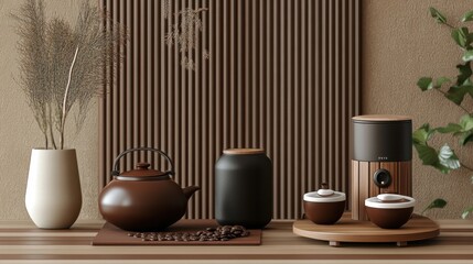 Modern coffee setup with ceramic teapot, jars, and cups in an earthy-toned interior