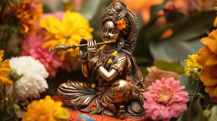 Fototapeta premium Bronze Statue of Lord Krishna Playing Flute Surrounded by Flowers