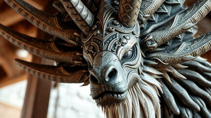 Fototapeta premium Intricate mythical creature sculpture with elaborate horns in artistic gallery setting