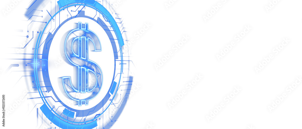 Aufkleber futuristic blue neon dollar symbol with circular tech design, isolated on white background, represen