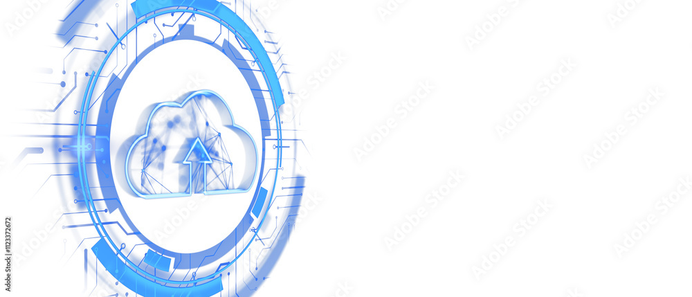 Aufkleber Cloud storage icon with blue circular digital interface, white background, futuristic design concept for data upload and technology. 3D Rendering.