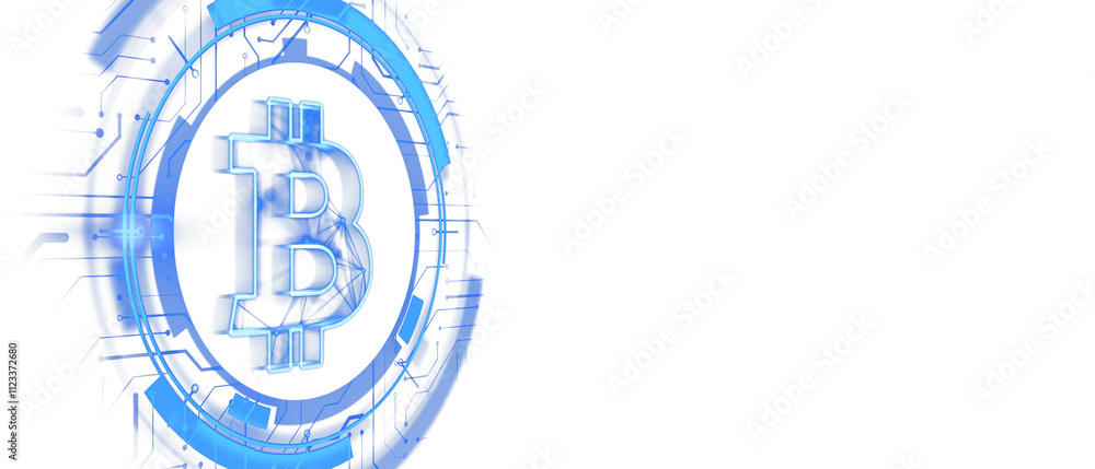 Aufkleber Bitcoin logo surrounded by neon blue digital circuitry, futuristic style, white background, representing cryptocurrency and blockchain concepts. 3D Rendering.