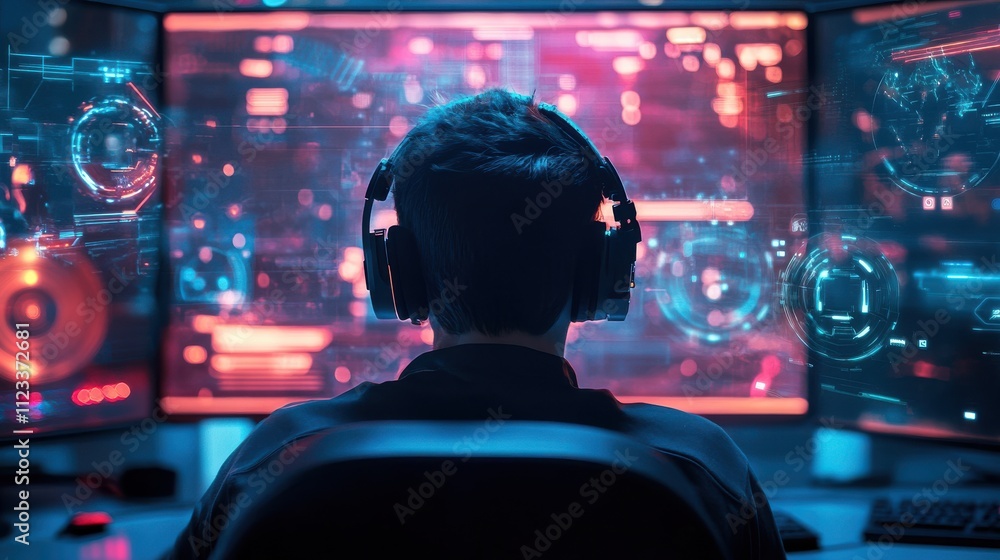 Poster person in headphones engaged with dual computer screens displaying data