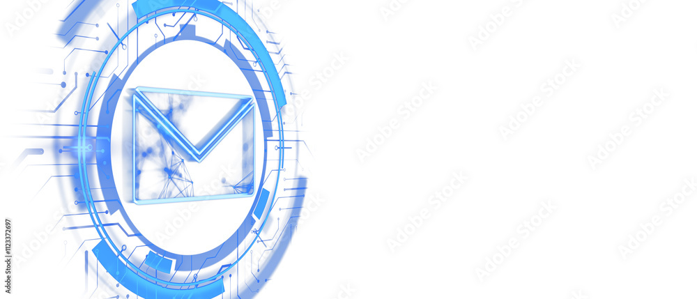 Poster blue mail icon with circuit-like digital design, futuristic style, white background, concept of onli