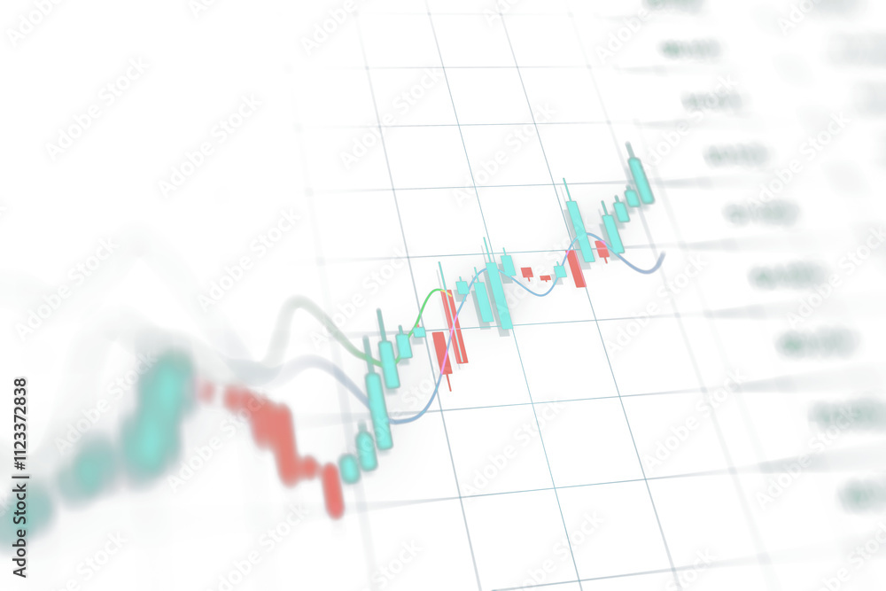 Aufkleber Financial chart with candlestick data and trend lines on a clean white background, representing stock trading analytics and market trends. 3D Rendering.