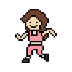 Obraz premium Cute cartoon run exercise pixel cartoon 8bit character woman lady run or running jog cardio lifestyle for decoration life style 8 bit female jog marathon exercise png vector.