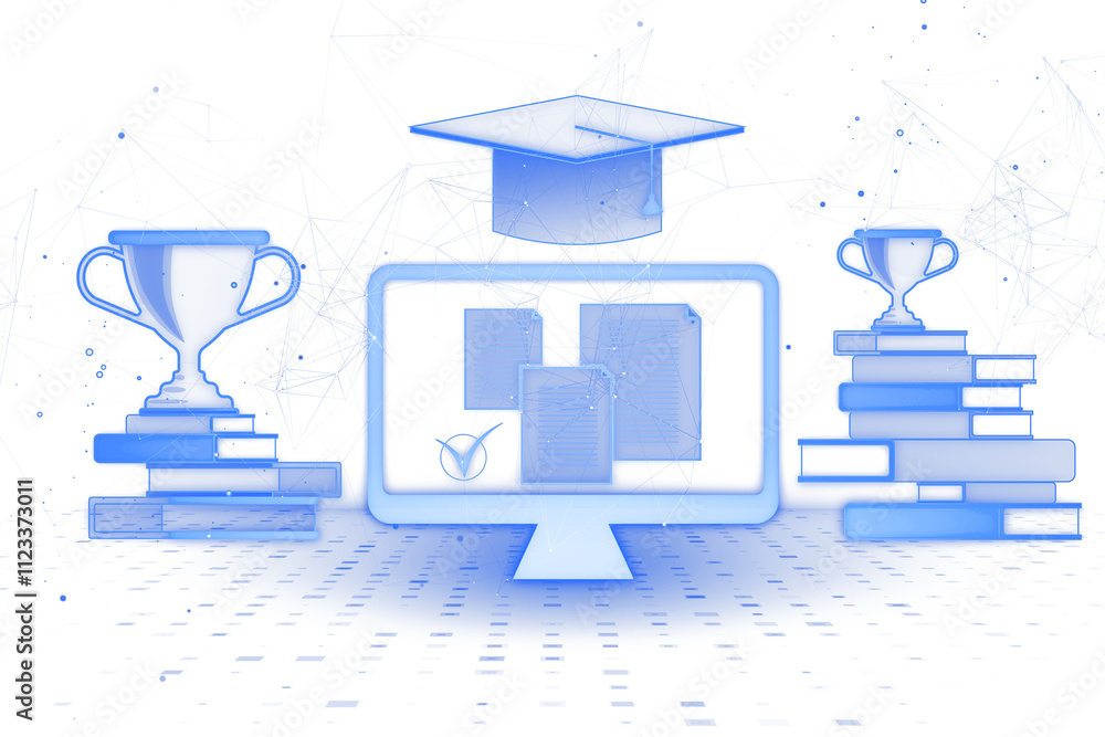 Poster digital illustration of a computer screen with documents, trophies, graduation cap, and stacked book