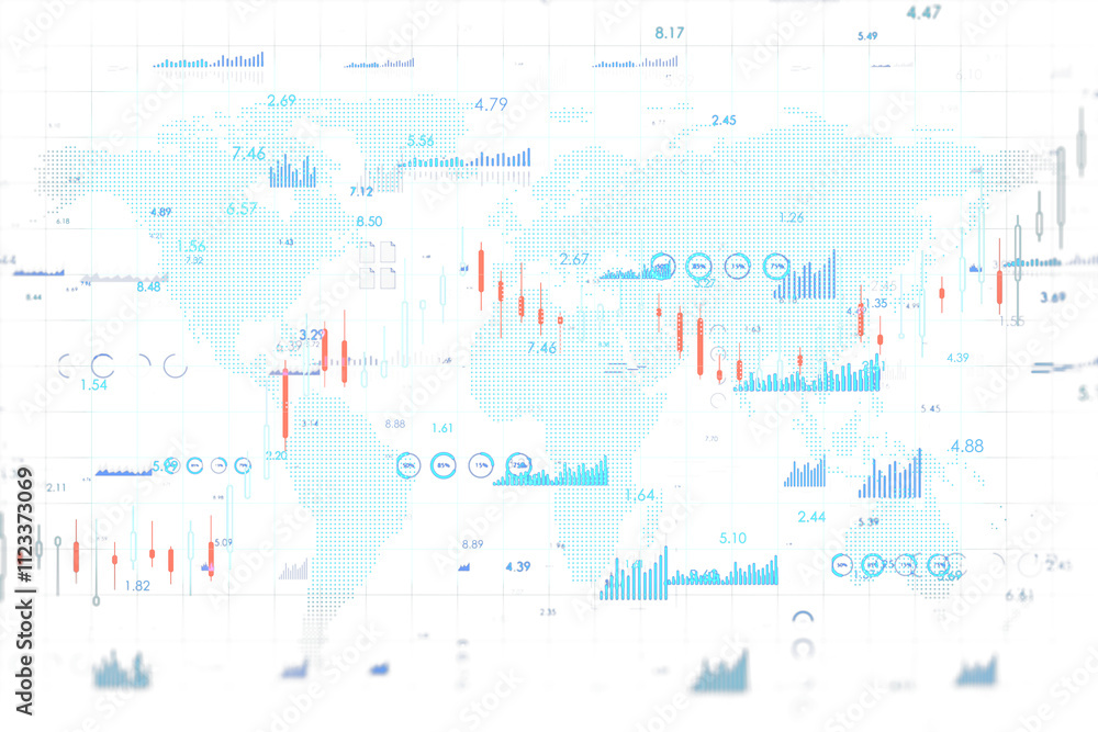 Poster World map overlayed with financial data, bar charts, and graphs in a digital style on a clean white background. Concept of global analytics. 3D Rendering.