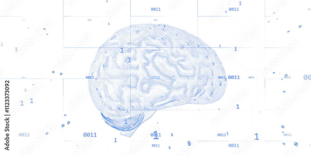 Aufkleber Human brain in digital wireframe design with binary codes on white background, holographic style, concept of virtual intelligence tech. 3D Rendering.